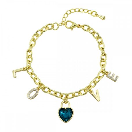 Arannyal bevont kék szíves LOVE charm karkötő (0267.)