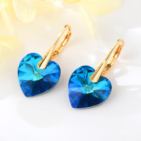 Arannyal bevont szív fülbevaló óceánkék Swarovski kristállyal (0026.)