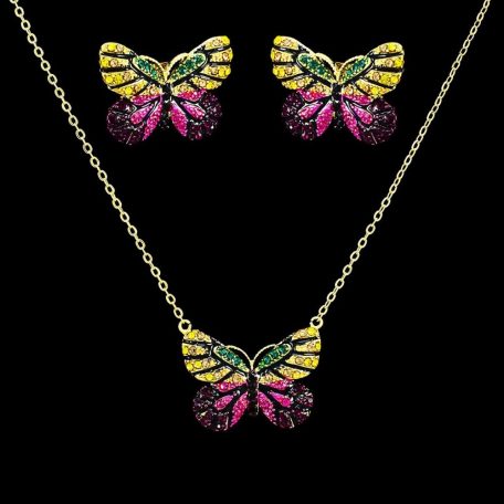 Arannyal bevont pillangó ékszerszett színes cirkónia kristályokkal (0050.)