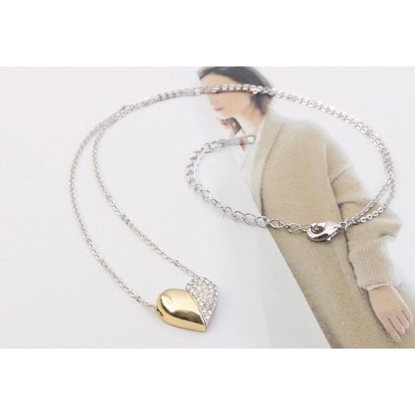 Arannyal és ródiummal bevont kis szív nyaklánc áttetsző egyedi kristályokkal (0214.)