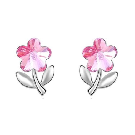 Kis méretű virágszál fülbevaló rózsaszín Swarovski kristállyal (0251.)