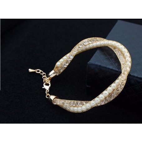 Arannyal bevont rácsos karkötő egyedi kristályokkal, szimulált gyöngyökkel (0916.)