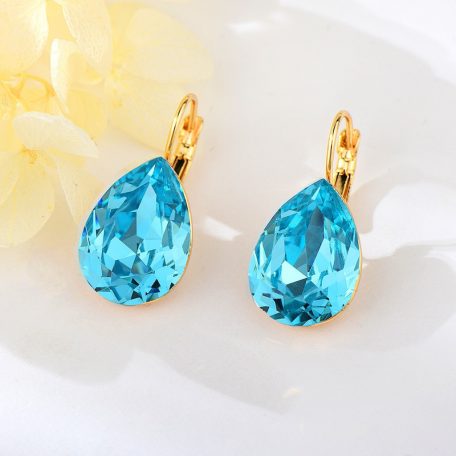 Arannyal bevont csepp fülbevaló égszínkék Swarovski kristállyal (0075.)