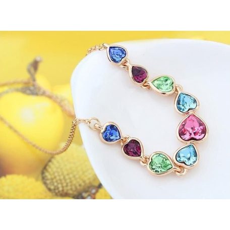 Arany színű szívfűzér nyaklánc színes Swarovski kristályokkal (1435.)
