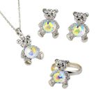 Platinával bevont maci szett ( nyaklánc, fülbevaló, gyűrű) színjátszó gömb alakú Swarovski kristállyal (0424.)