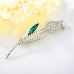   Platinával bevont tulipán bross zöld Swarovski és áttetsző cirkónia kristályokkal (0054.)