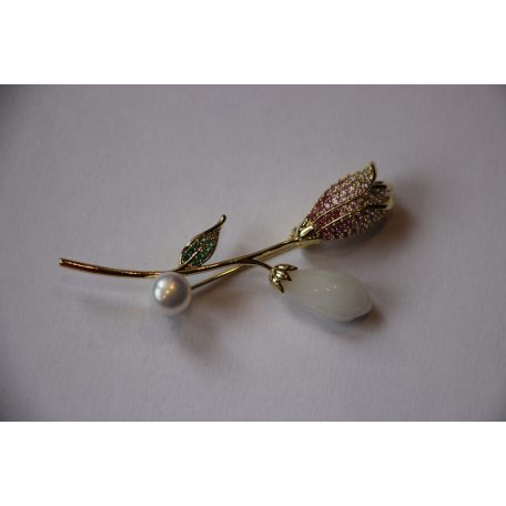 Tulipán bross színes cirkónia kristályokkal, arany bevonattal (0095.)