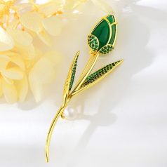   Arannyal bevont zöld rózsabimbó bross cirkónia kristályokkal (0198.)