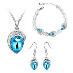   Ezüsttel bevont 3 részes csepp ékszerszett, kék egyedi kristályokkal (1207.)