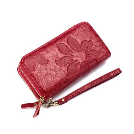 Piros színű nagy méretű bőr pénztárca nyomott virágos mintával (1024.)