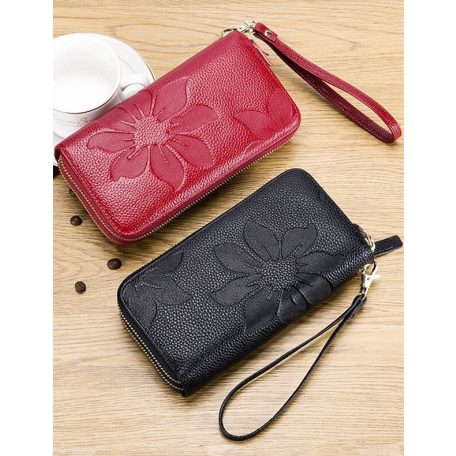 Piros színű nagy méretű bőr pénztárca nyomott virágos mintával (1024.)