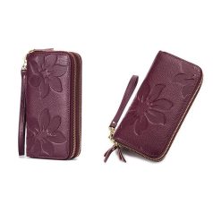   Bíborlila színű nagy méretű bőr pénztárca nyomott virágos mintával (0683.)