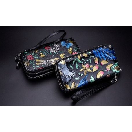 Fekete  színű hasított bőr pénztárca virágos, pillangós mintával (1022.)