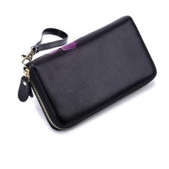   Fekete hasított bőr pénztárca kék színű virágmintával (0246.)