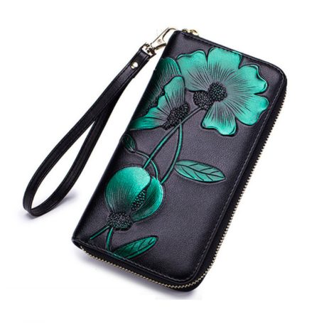 Fekete hasított bőr pénztárca zöld színű virágmintával (0551.)
