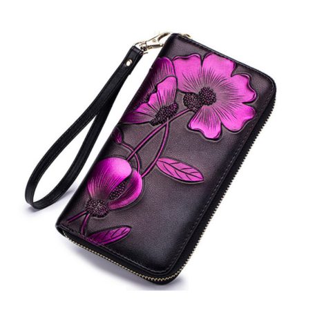 Fekete hasított bőr pénztárca ciklámen színű virágmintával (0532.)