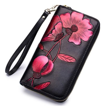 Fekete hasított bőr pénztárca piros színű virágmintával (0025.)