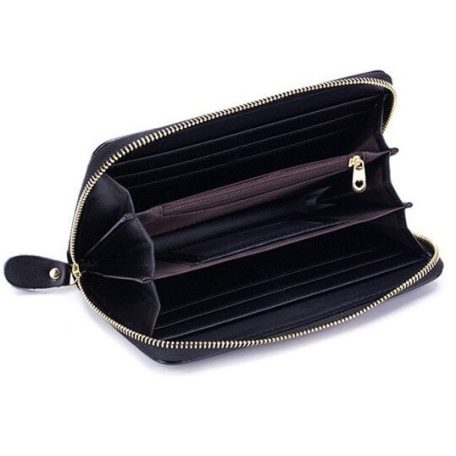 Fekete hasított bőr pénztárca piros színű virágmintával (0025.)