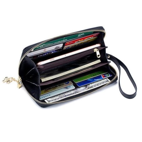 Fekete  színű hasított bőr pénztárca indigókék virágos ág mintával (1021.)