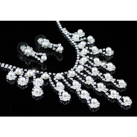 Exkluzív, szimulált gyöngyös alkalmi ékszerszett egyedi kristályokkal (0265.)