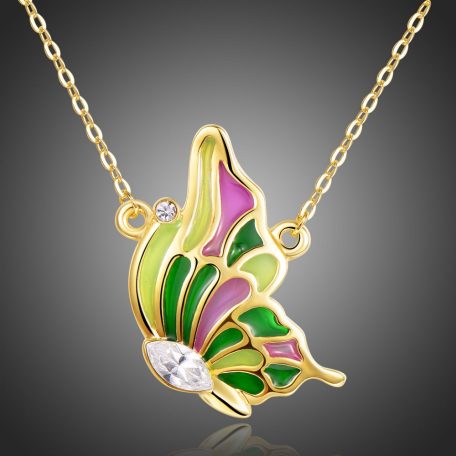 Arannyal bevont zöld és rózsaszín pillangó nyaklánc ausztriai kristályokkal (0901.)