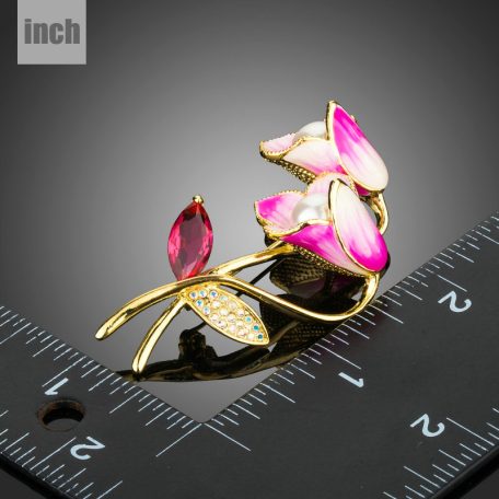 Fehérarannyal bevont rózsaszín harangvirág bross CZ kristályokkal (1182.)