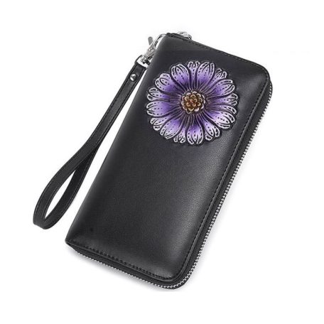 Fekete bőr pénztárca lila virág díszítéssel (0493.)