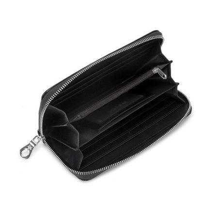 Fekete bőr pénztárca lila virág díszítéssel (0493.)