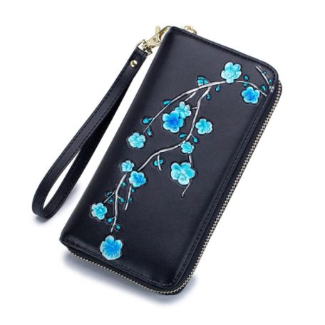 Fekete hasított  bőr pénztárca kék virágos ág mintával (0855.)