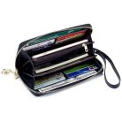 Fekete hasított  bőr pénztárca kék virágos ág mintával (0855.)