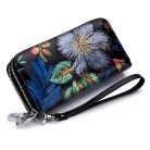 Nagy méretű fekete hasított bőr pénztárca magnólia mintával (0019.)