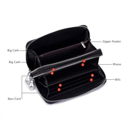 Nagy méretű fekete hasított bőr pénztárca magnólia mintával (0019.)