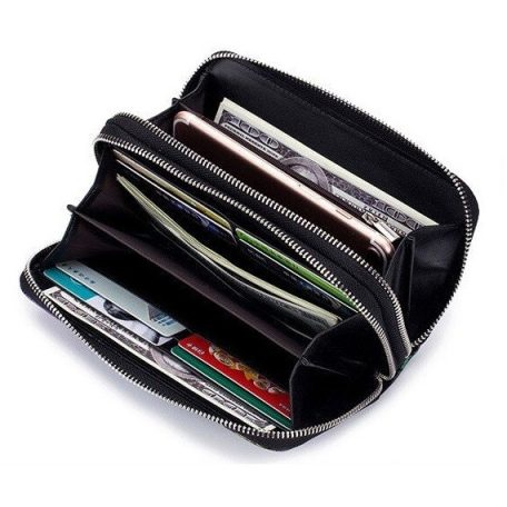 Nagy méretű fekete hasított bőr pénztárca magnólia mintával (0019.)