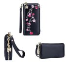 Fekete bőr pénztárca rózsaszín cseresznyevirág mintával (0312.)