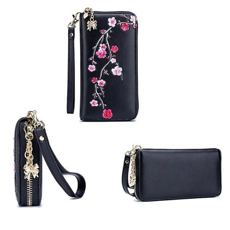 Fekete bőr pénztárca rózsaszín cseresznyevirág mintával (0312.)