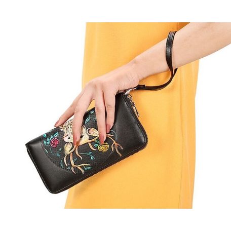 Fekete bőr pénztárca szarvas mintával (0316.)