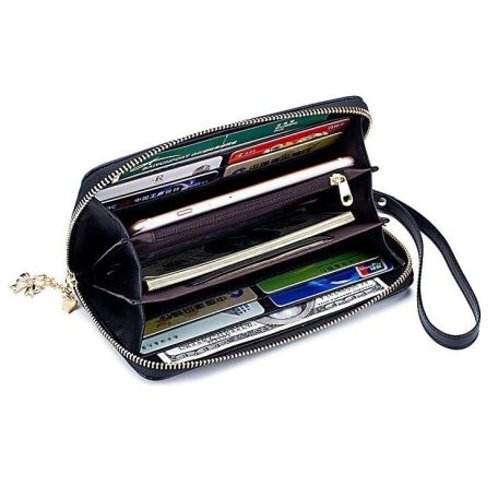 Fekete  színű hasított bőr pénztárca sárga virágos ág mintával (0610.)