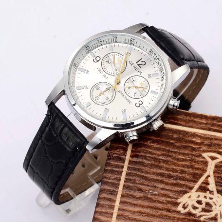 Platinával bevont, fehér számlapos férfi karóra fekete szíjjal (0802.)