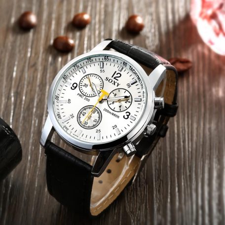 Platinával bevont, fehér számlapos férfi karóra fekete szíjjal (0802.)