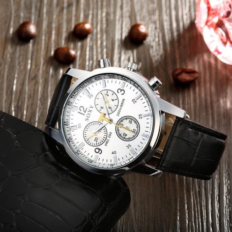 Platinával bevont, fehér számlapos férfi karóra fekete szíjjal (0802.)