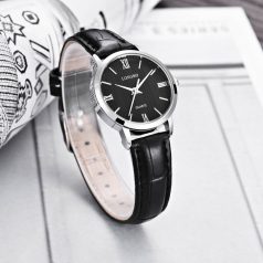   Platinával bevont női karóra fekete műbőr szíjjal (0612.)