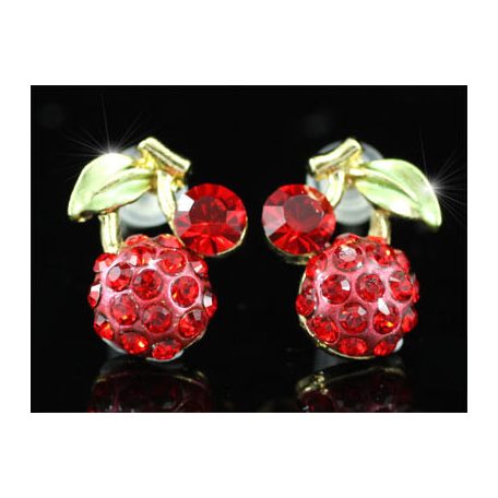 Arannyal bevont piros cseresznye fülbevaló  Swarovski kristályokkal (0526.)
