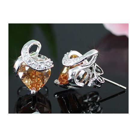 Fehérarannyal bevont fülbevaló szív alakú borostyán színű CZ kristállyal (0813 .)