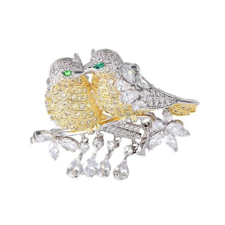 Arannyal és platinával bevont exkluzív madár pár bross CZ kristályokkal (0567.)