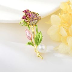   Arannyal bevont rózsaszál bross pink és lila CZ kristályokkal (0947.)