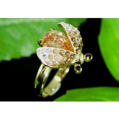   Arannyal bevont katicabogár gyűrű  borostyánszínű ausztriai kristállyal  (0883.)