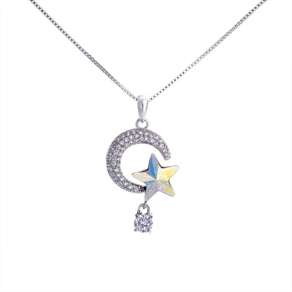 Image of Platinával bevont hold nyaklánc színjátszó Swarovski kristálycsillaggal (0240.)