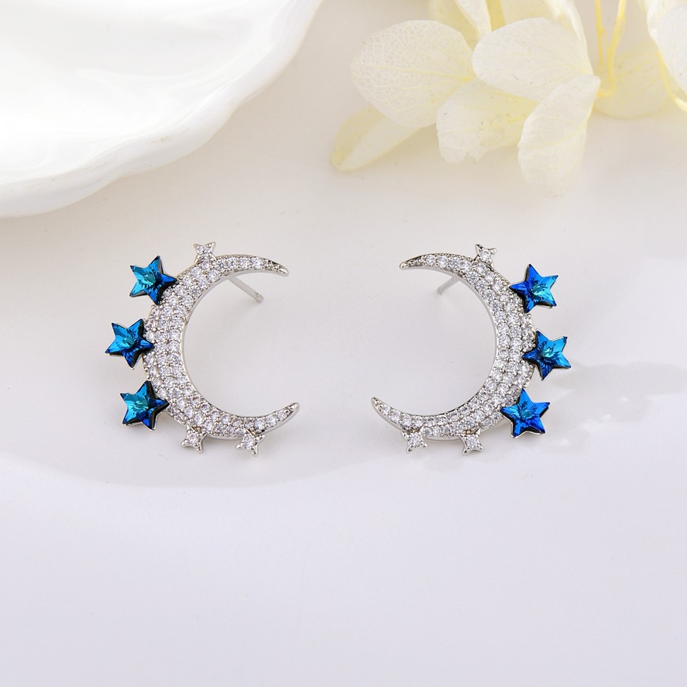 Image of Platinával bevont hold + csillagok fülbevaló óceánkék Swarovski kristályokkal (0351.)