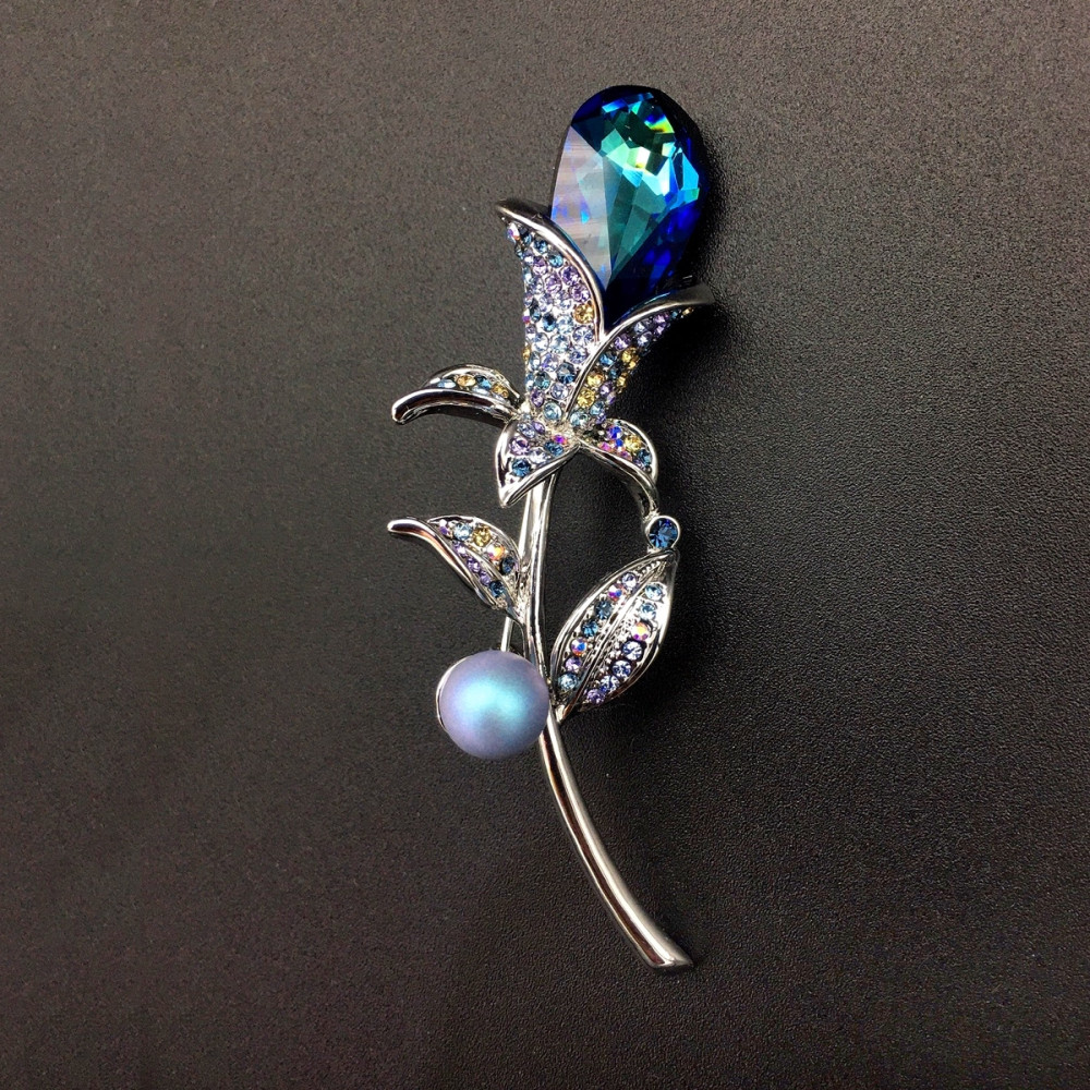 Image of Platinával bevont exkluzív virágszál bross óceánkék Swarovski kristállyal (1197.)