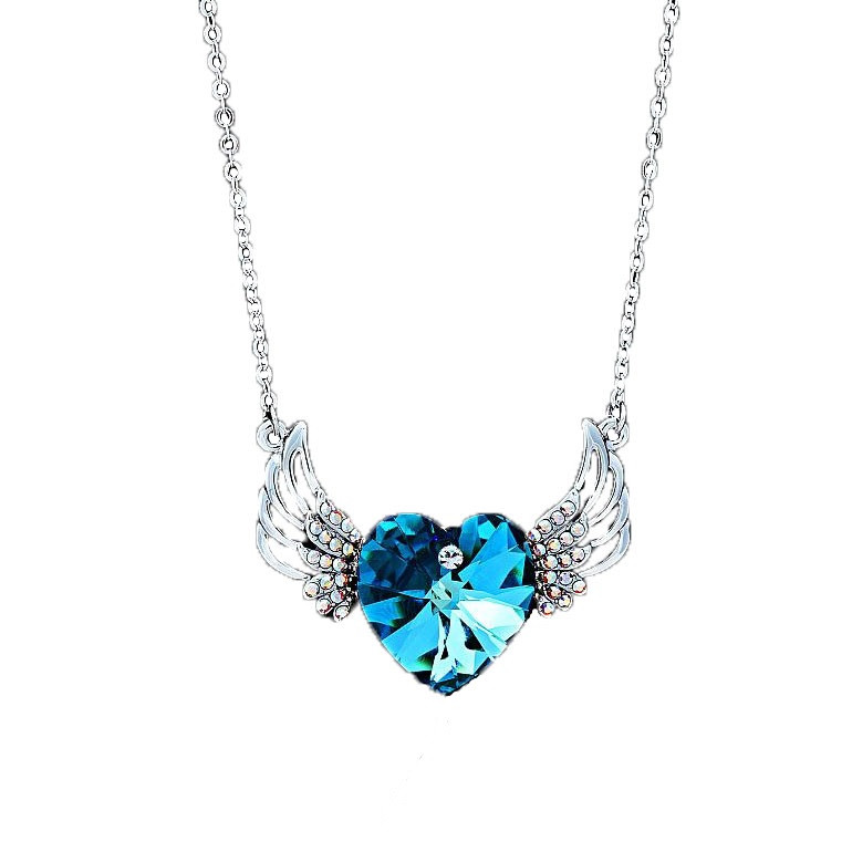 Image of Platinával bevont szárnyas szív nyaklánc óceánkék Swarovski kristállyal (0630.)